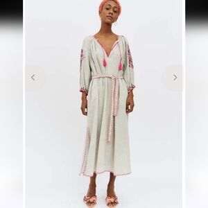 Ulla Johnson Cream Midi Dress with Pink Embroidery